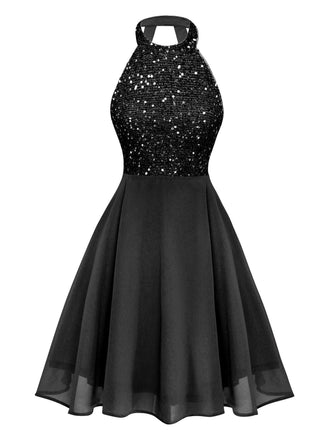 Schwarzes 1950er Solide Perlen Pailletten Ärmellos Patchwork Kleid