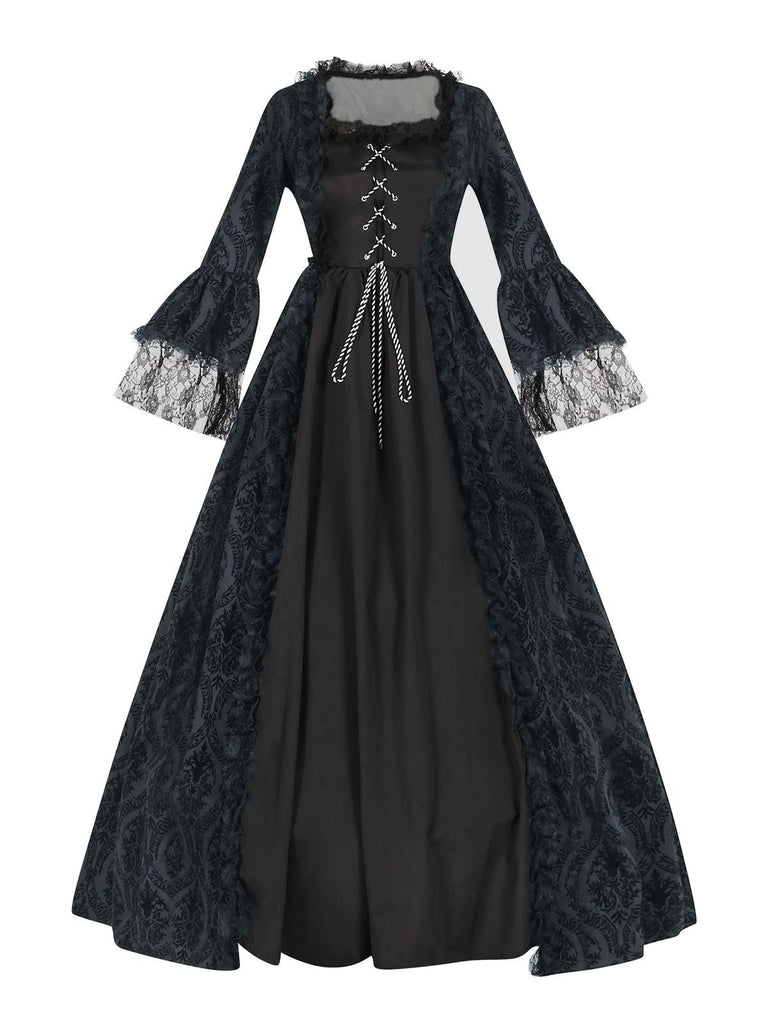 Schwarz 1950er Gothic Viktorianisch Spitze Glockenärmel Kleid