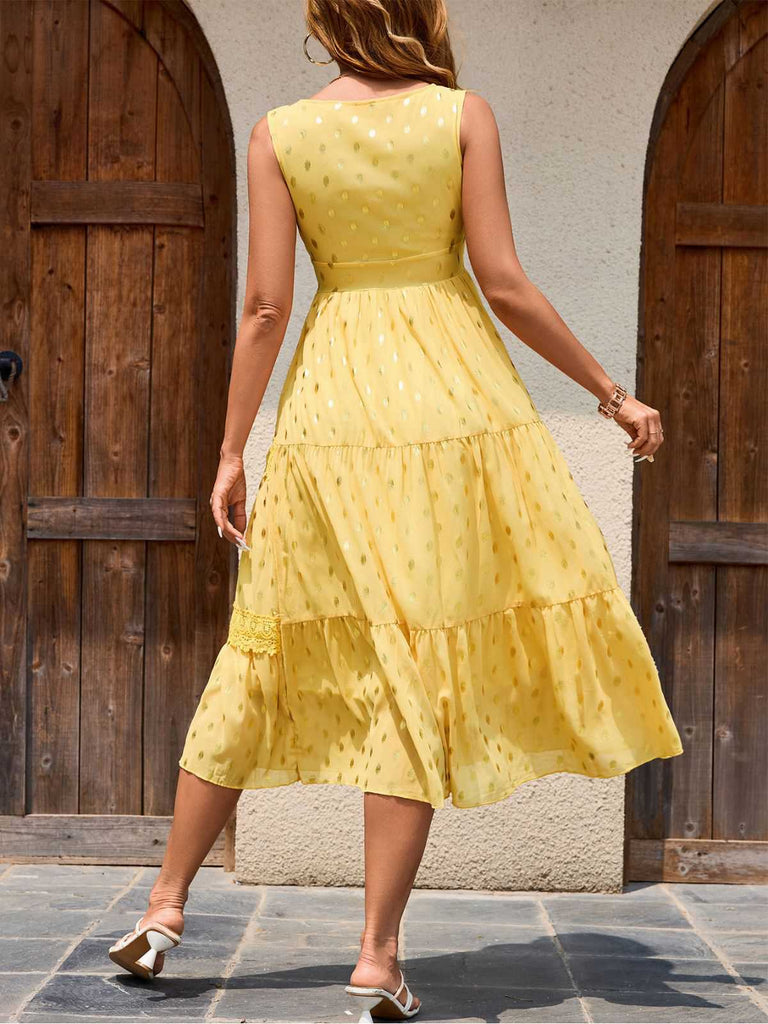 Gelb 1950er Spitze Patchwork Tupfen Kleid