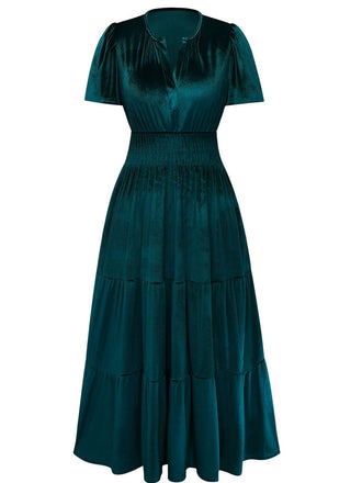 1930er Samt Solide Kurzarm Maxi Kleid