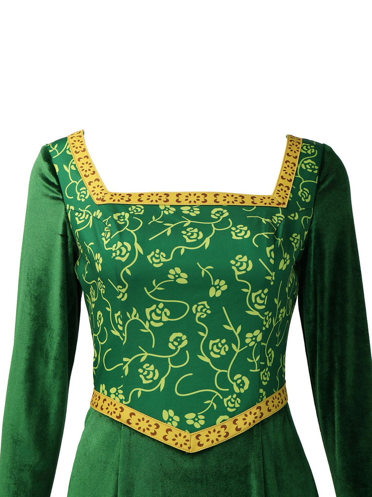 Grün 1930er Shrek im Mittelalterlichen Stil Stickerei Kleid