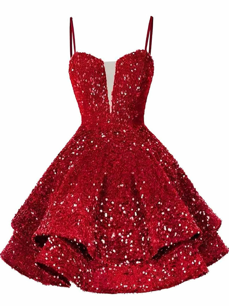 Rot 1950er Pailletten Tief-V Schnür Mini Party Kleid