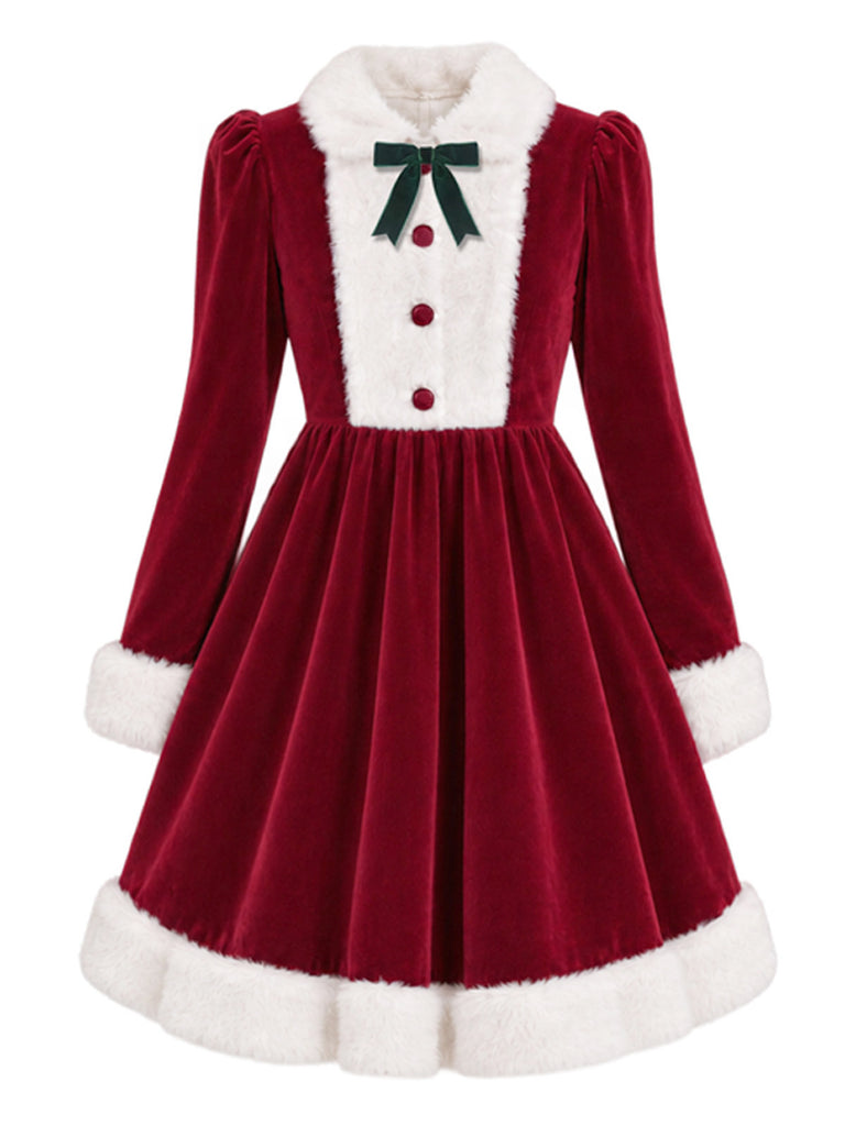 [Vorverkauf] Rotes & weißes 50er Weihnachts-Samtkleid mit Flauschbesatz und Schleife