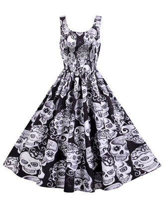 1950er Halloween Schädel Ärmellos Swing Kleid