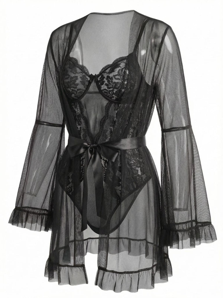 1960er Solide Transparent Spitze Patchwork Nachtwäsche Set