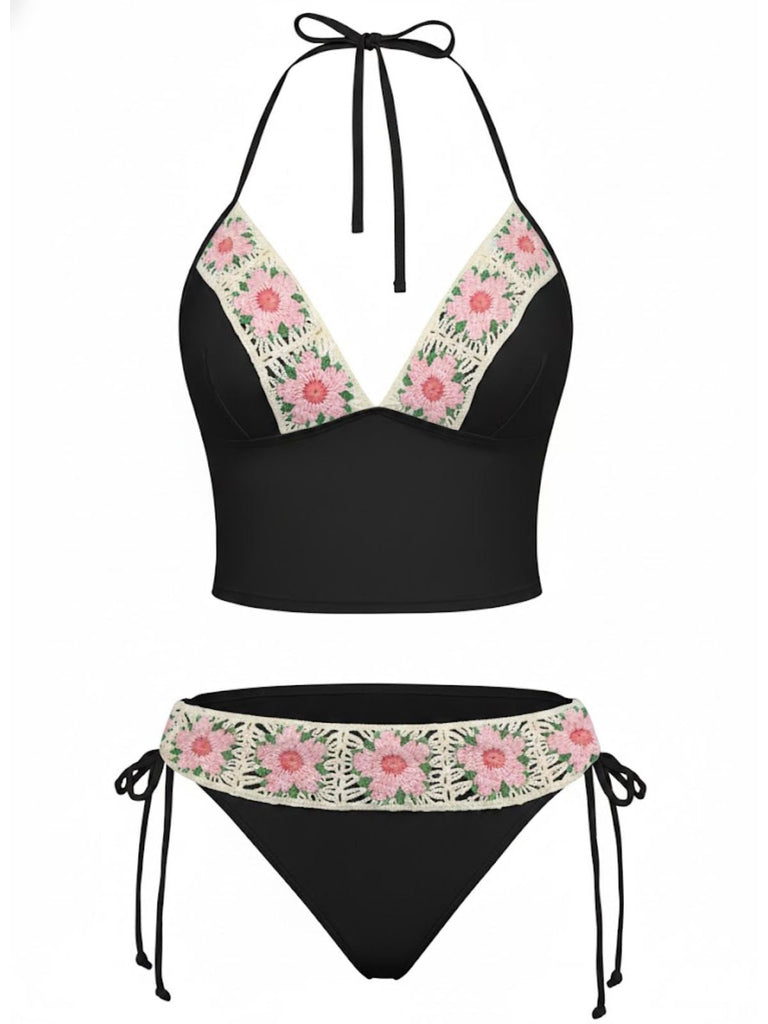1950er Bestickt Handgemacht Blumen Hohe Taille Tankini Set