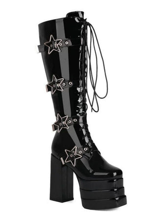 Glänzend schwarze Stern Taste Gothic Platform High Heels Stiefel