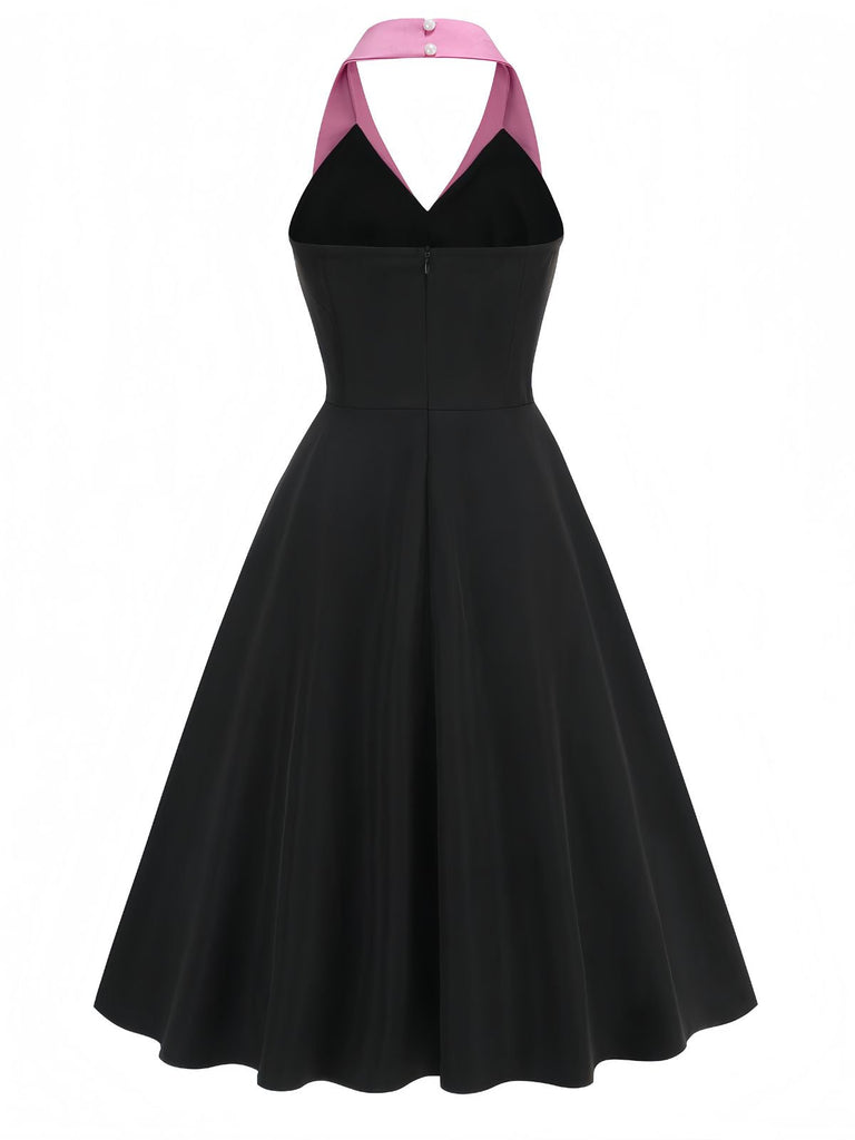 Schwarz 1950er Halter Bogen Patchwork A-linie Kleid