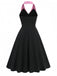 Schwarz 1950er Halter Bogen Patchwork A-linie Kleid