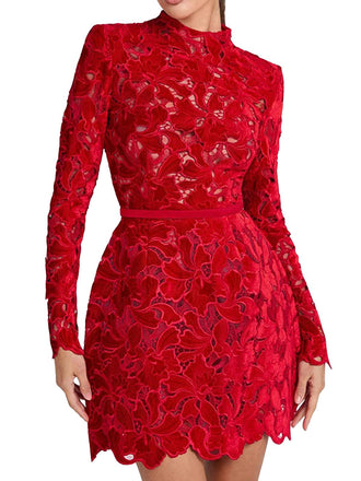 1960er Beflockt Blumen Spitze Halb Rollkragen Kleid