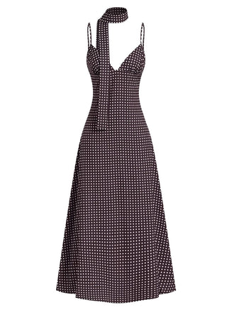 Braun 1980er V-Ausschnitt Polka Punkte Binde Spaghetti Träger Kleid