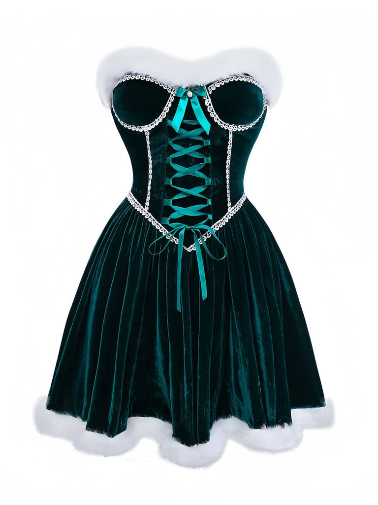 Grün 1960er Samt Trägerloses Schnürung Mini Kleid