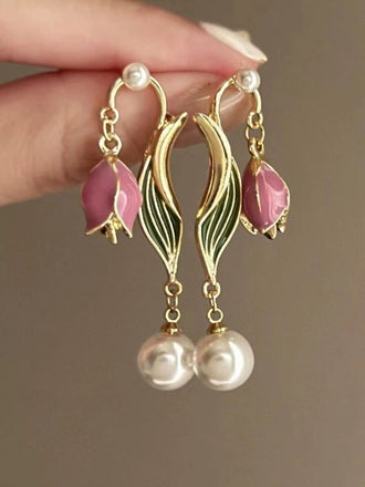 Vintage Rosa Tulpen Perlen Ohrringe