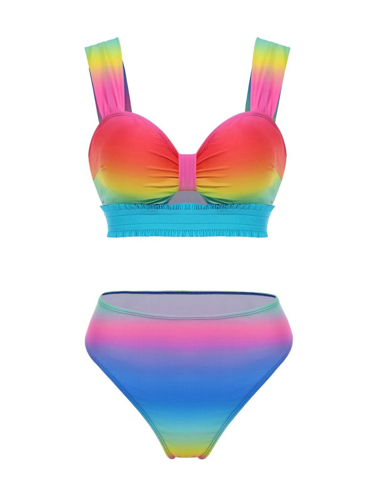Multicolor 1960er Regenbogenverlauf Gerüschtes Bikini Set & Cover-Up