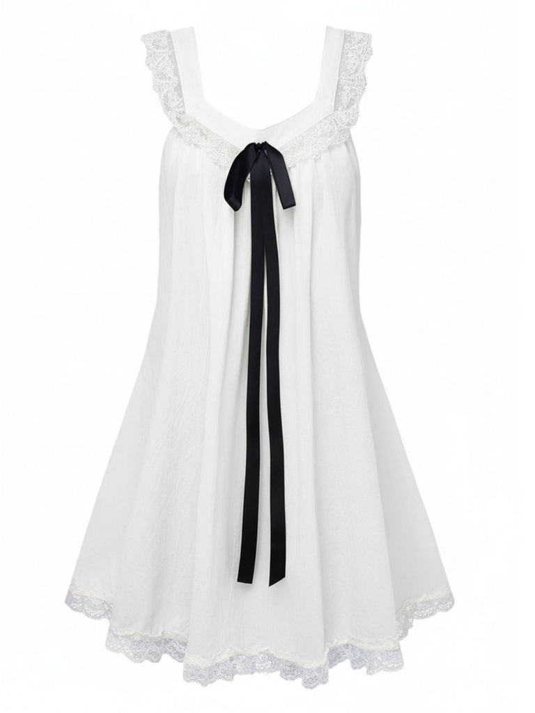 [Vorverkauf] 1960er Solide Bogen Rückenfrei Spitze Babydoll Kleid