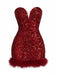 Weinrotes 80er trägerloses Minikleid mit Pailletten und Federbesatz