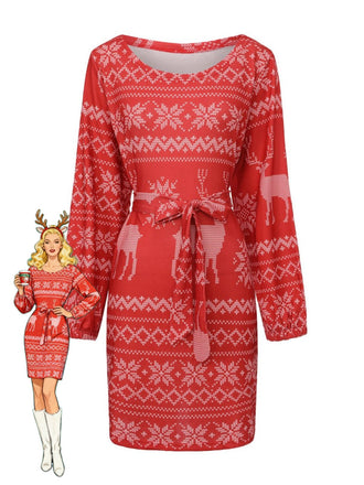 Rot 1960er Weihnachten Reindeer Schneeflocke Gürtel Kleid