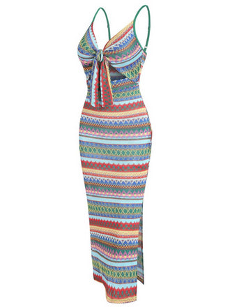 1970er Träger Bunt Streifen Binden Boho Kleid