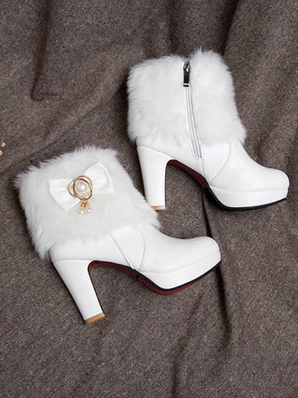 Weiße Spitz Zulaufende High Heels Pelzschleife