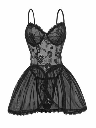 Schwarz 1970er Rose Durchsichtig Spitze Spaghettiträger Babydoll Nachthemd