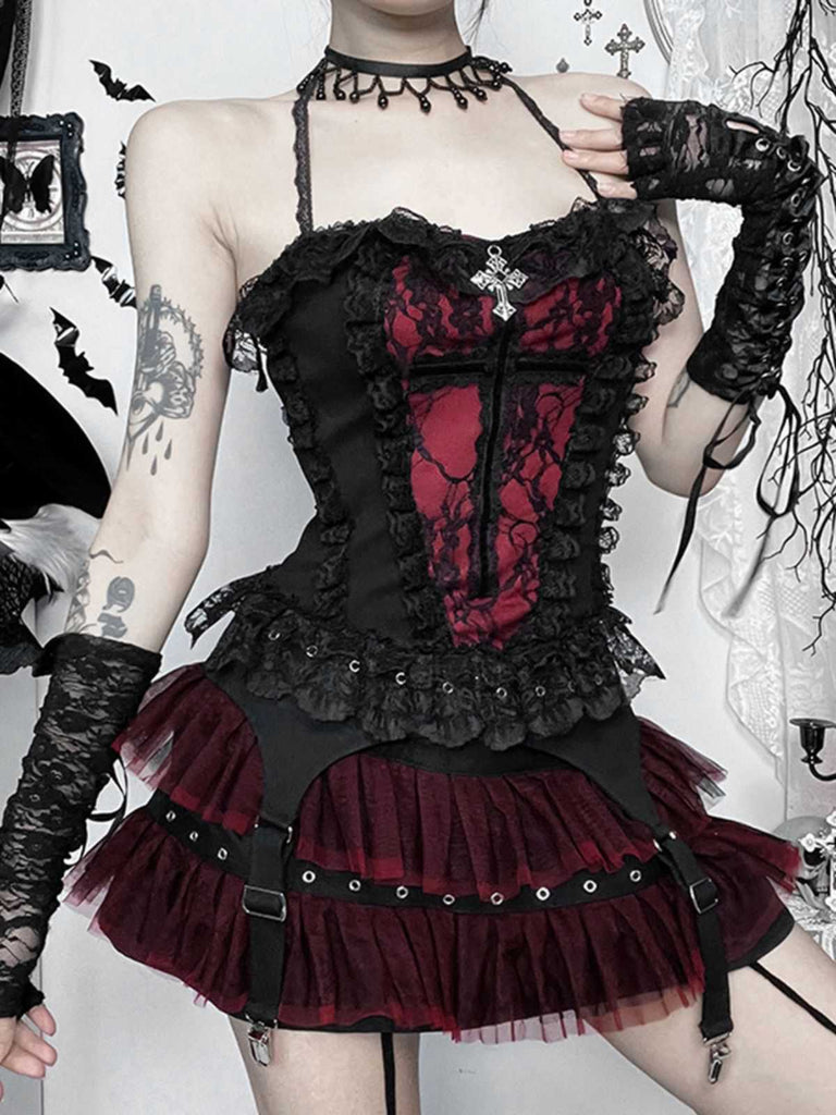2PCS Schwarz 1980er Gothic Steampunk Halter Kreuz Camisole & Mini Rock