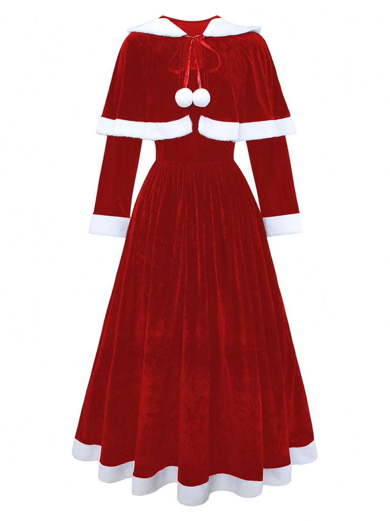 Rot 1930er Frau Weihnachtsmann Samt Kleid mit Kap