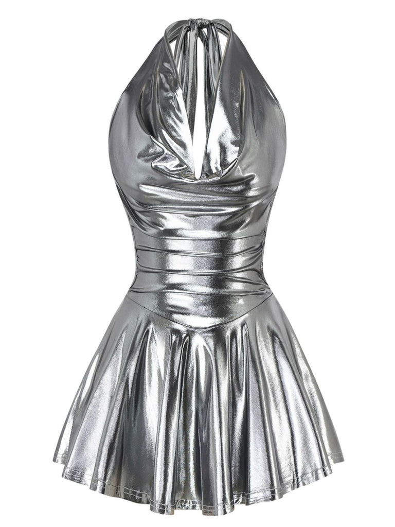 1970er Metallic V-Ausschnitt Plissiertes Mini Dress