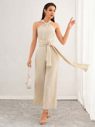 Beige 1950er Solide Schnürung Halter Gürtel Jumpsuit