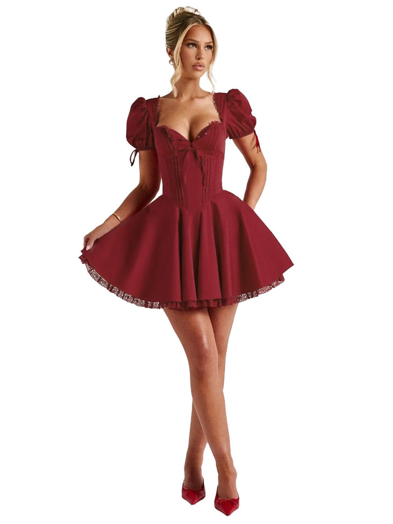 Rot 1960er Solide Puffärmel Schnürung Kleid