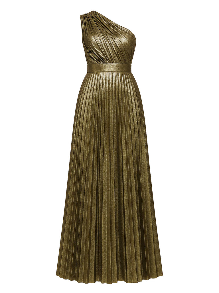 Gold 1980er Metallic Eine Schulter Plissiertes Party Kleid