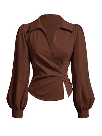 Kaffee 1930er Revers V-Ausschnitt Tailliert Laternenärmel Bluse