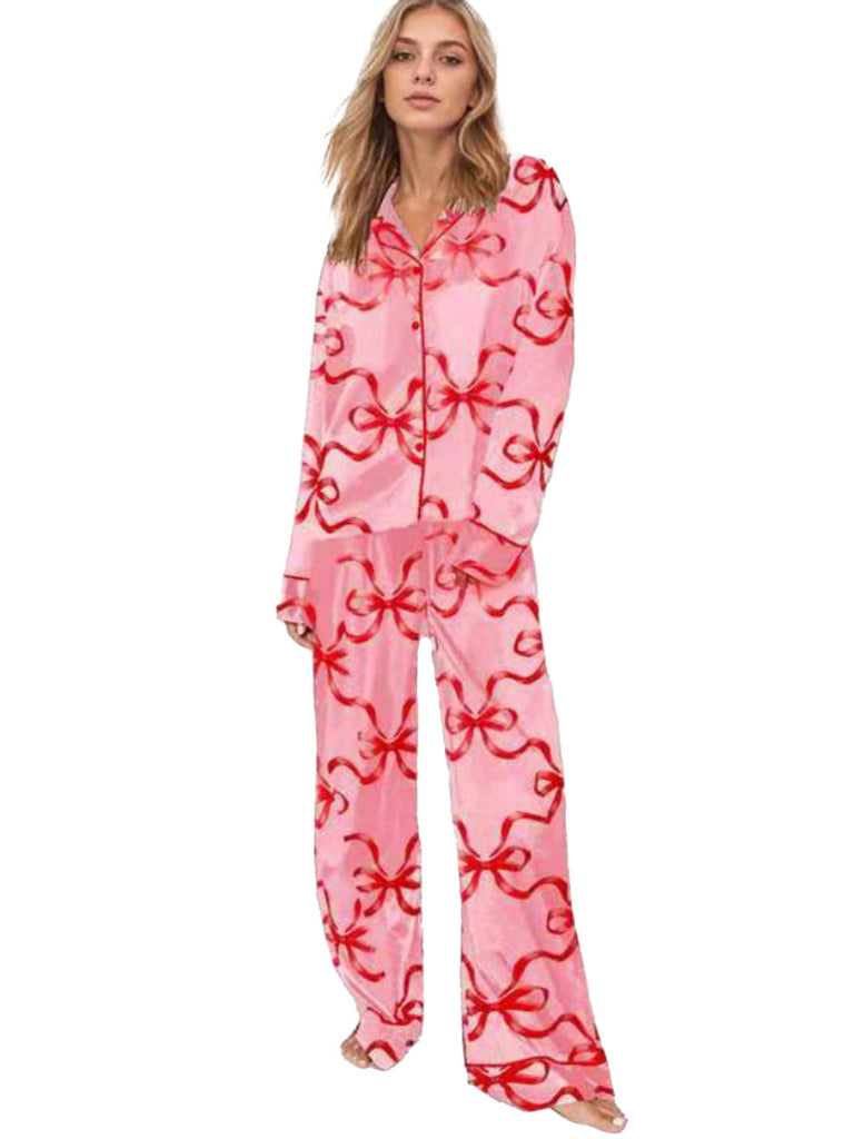 1980er Weihnachten Bogen Muster Revers Pyjama Set