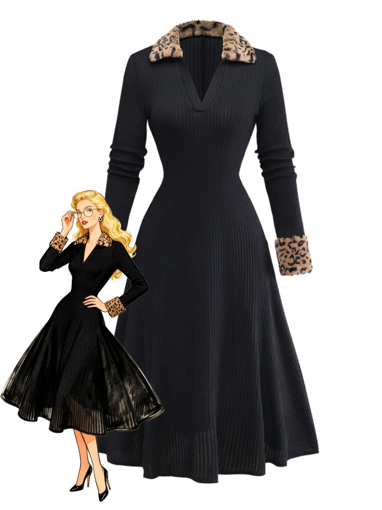 Schwarz 1940er Leopard Kunst Pelz Besatz Gerippt Stricken Kleid