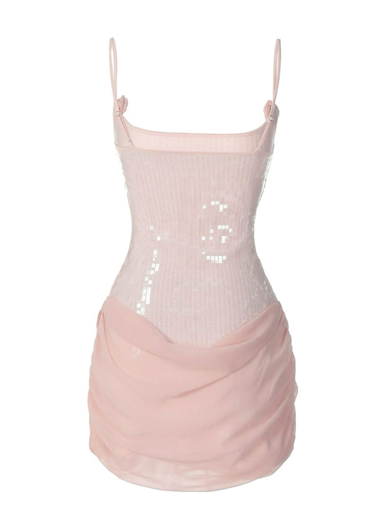 1980er Solide Pailletten Patchwork Mini Kleid