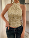 Metallic 1970er Halter Pailletten Ärmellos Top