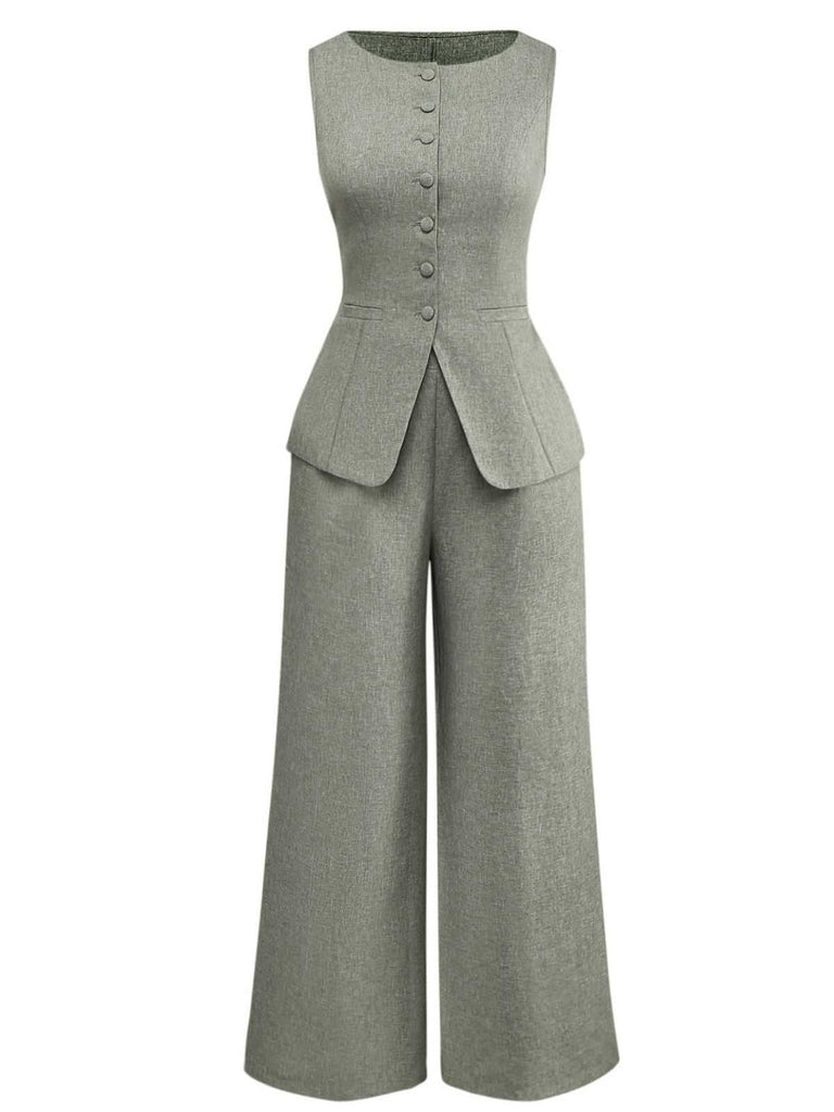 2PCS Solide 1940er Ärmellos Top & Weites Bein Hose
