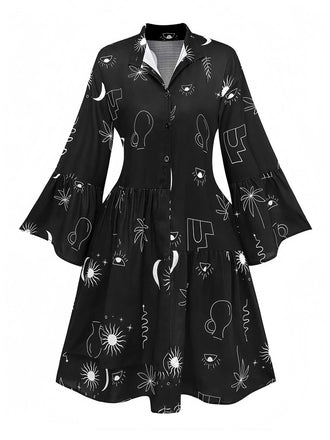 Schwarz 1970er Sonne & Mond Ausgestellte Ärmel Hemd Kleid
