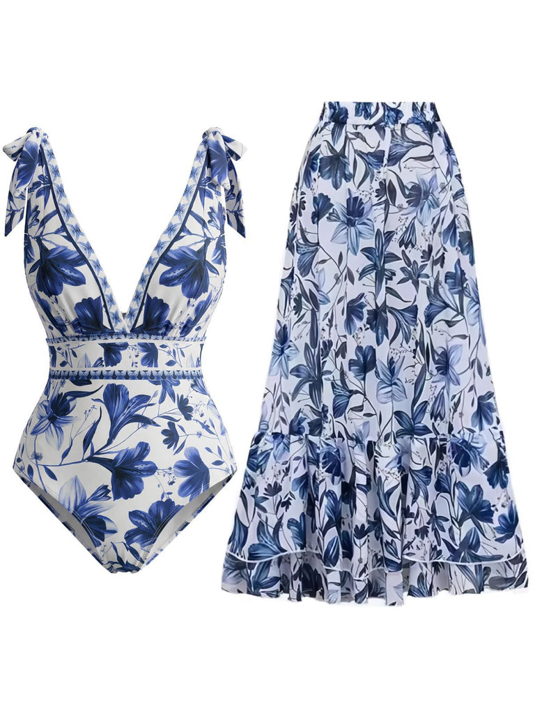 Grün 1940er Blumen Schulterband Einteiliger Badeanzug & Cover-Up