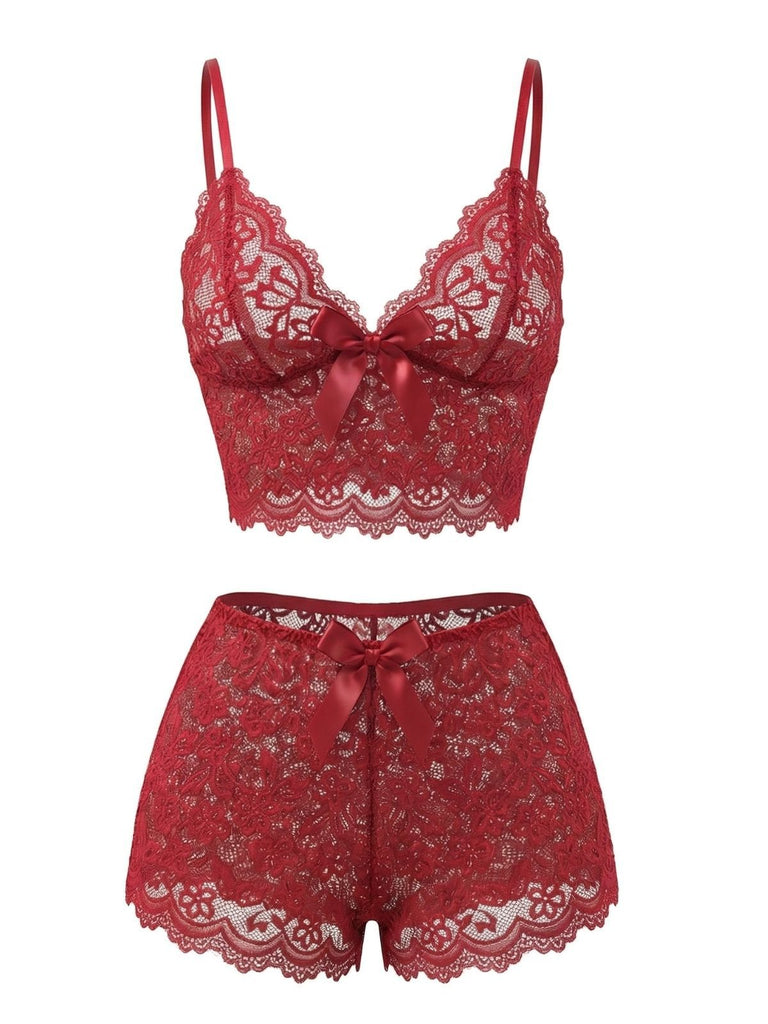 1960er Spaghetti Träger Spitze Blumen Bogen Pyjama Set