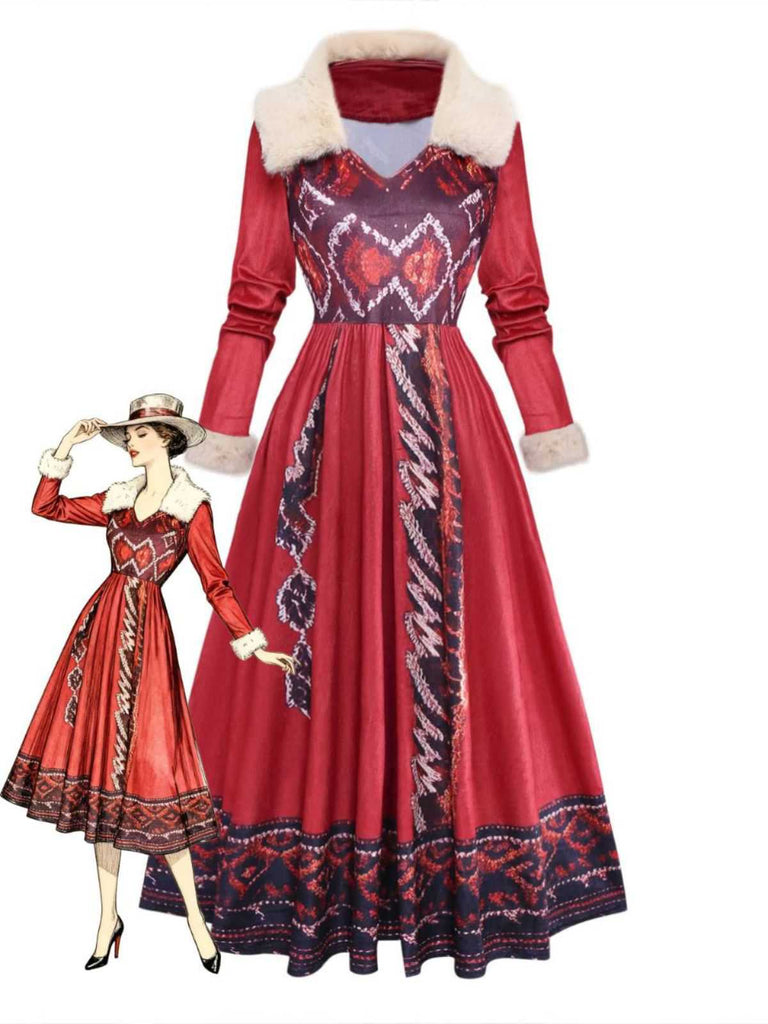 Rot 1970er Abnehmbar Pelz Kragen Boho Kleid