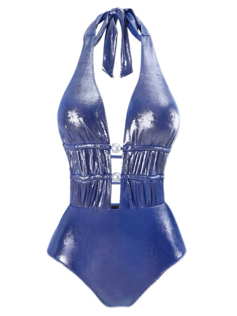Blau 1970er Schimmernd Halfter Perle Badeanzug