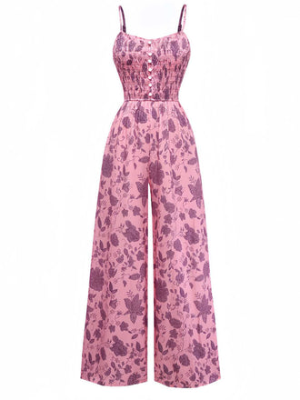 Rosa 1970er Spaghettiträger Blumen Gesmokt Jumpsuit