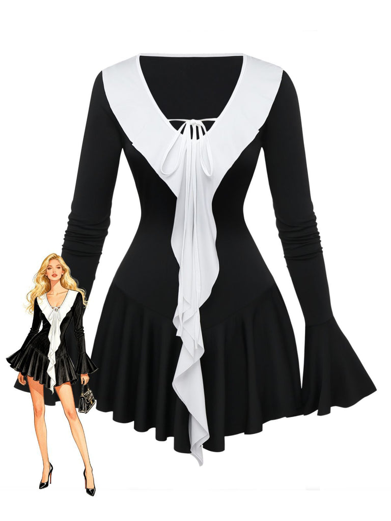 Schwarz & Weiß 1960er Rüschen Peplum Kleid