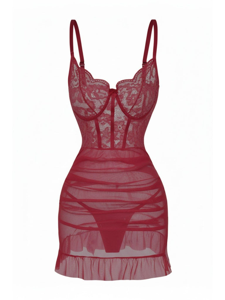 1980er Slip Spitze Bügel Durchsichtig Rüschen Nachthemd