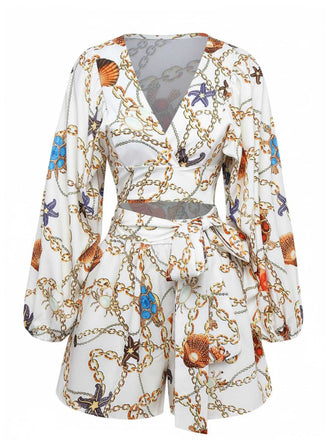 Weiß 1960er V-Ausschnitt Ketten Muschel Taille Cutout Romper