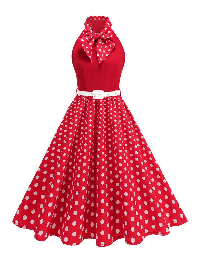 1950er Bogen Binde-Hals Polka Punkte Gürtel Kleid