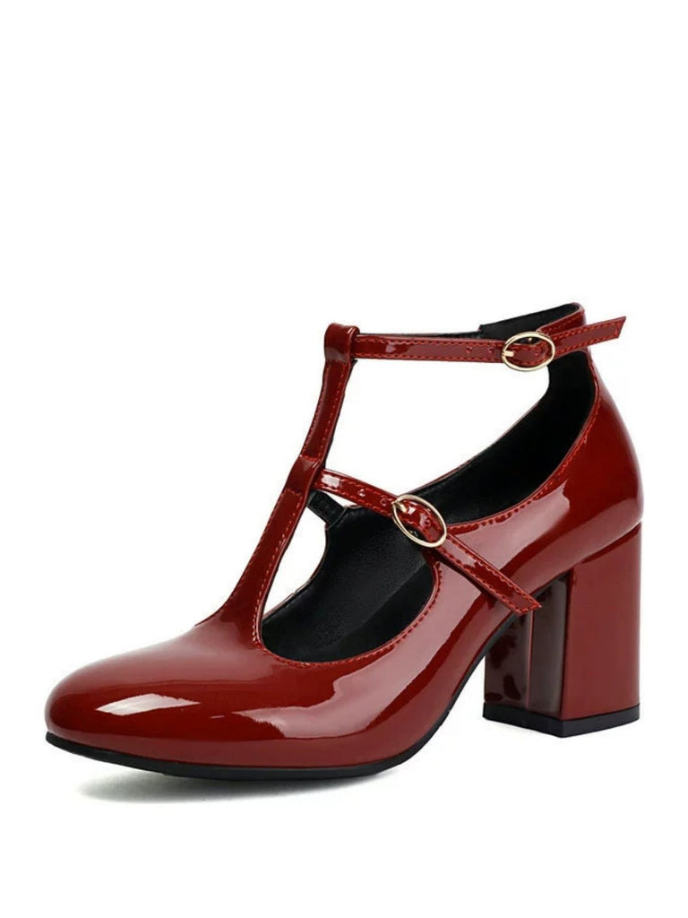 Vintage Lackleder T-Riemen Klobig Absatz Schuhe