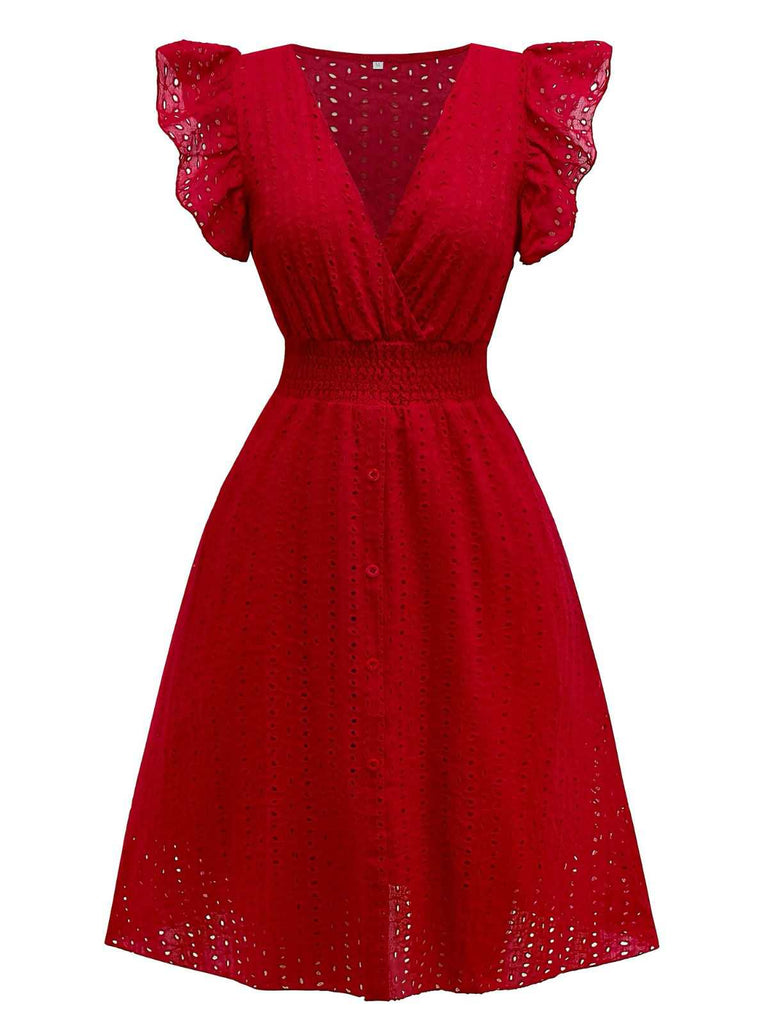 1940er Solide Baumwolle Ausgeschnitten Gesmokt Rüschen Kleid