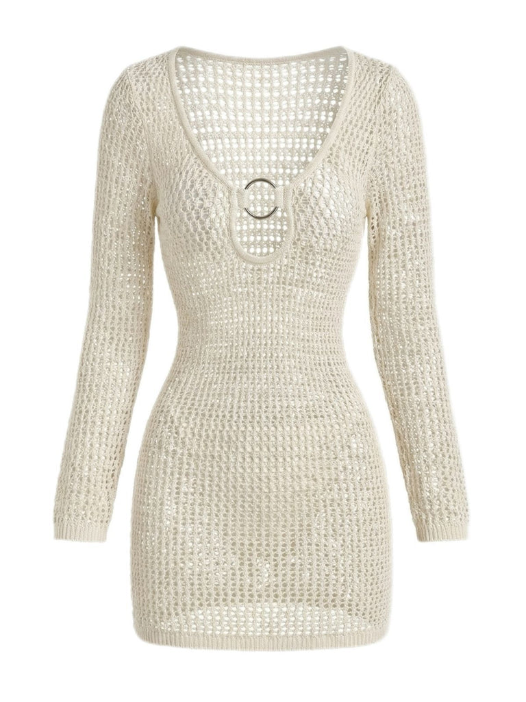 1980er Häkeln Stricken Cutout Ring Langarm Cover-Up