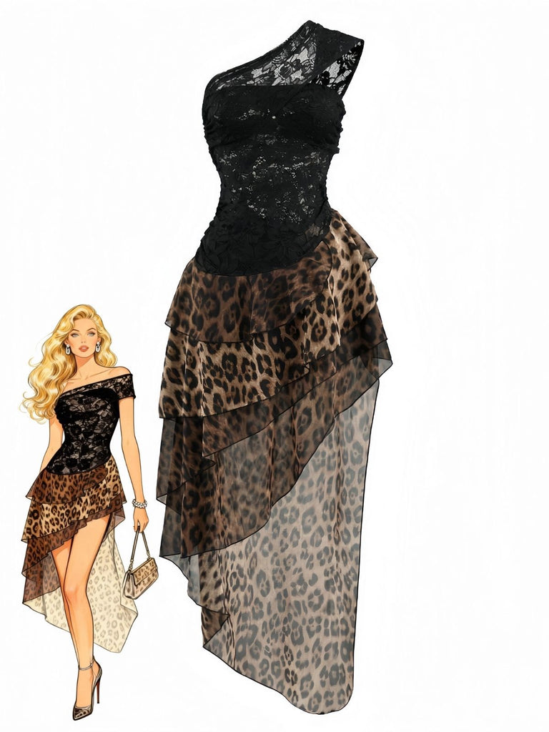 Schwarz 1980er Spitze Leopard Druck Asymmetrisch Kleid